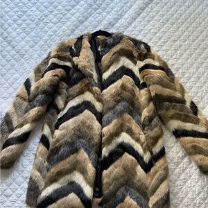 Amuse Society Chevron Faux Fur Coat in Brown, Black & Cream